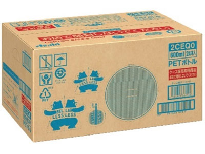 ラベルレス専用商品の「アサヒ緑茶」の入った段ボール箱にトントン相撲が出来るデザインを施しています